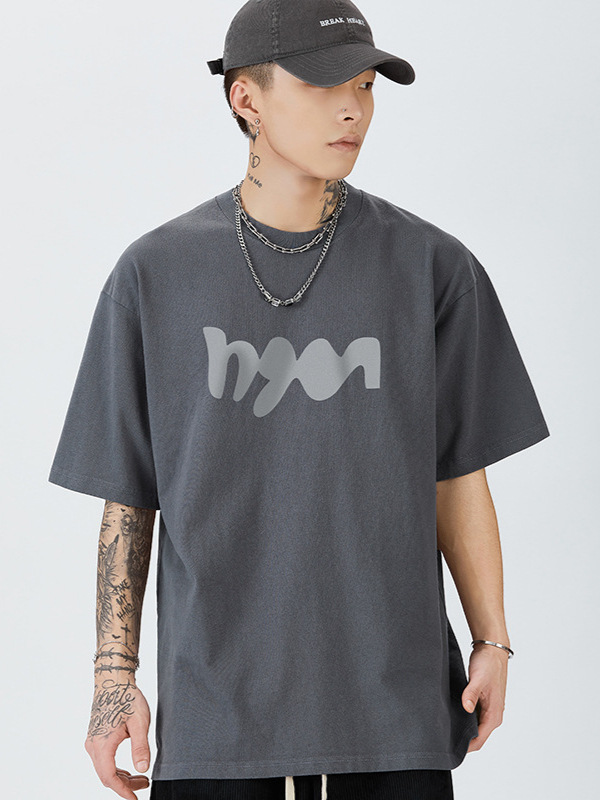 Mingge | Japanese Printed Loose Shoulder Crewneck Short Sleeve Top Men's ins Fashionable Puffian Handsome Simple Casual T-Shirt