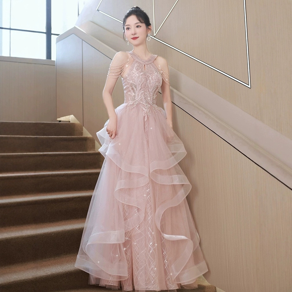 Evening Dress for Women, Light Luxury Niche High-End Elegant Annual Meeting Host Pink Toast Dress Engagement High-End Adult Ceremony