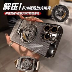 iPhone16ProMax電気メッキ放熱ネットケース携帯電話ケース回転スタンド付きApple17保護ケース