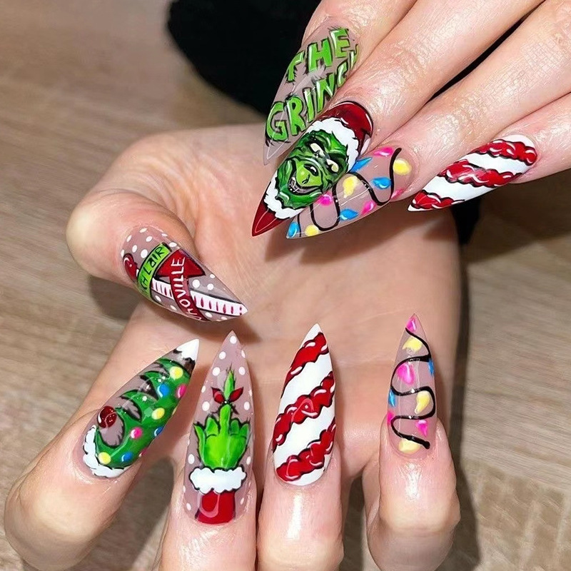 Long pointed Christmas Grinch nail beauty piece striped Christmas Tree new nail piece colored light fake nail New Year gift Long pointed Christmas Grinch nail beauty piece striped Christmas Tree new nail piece colored light fake nail New Year gift