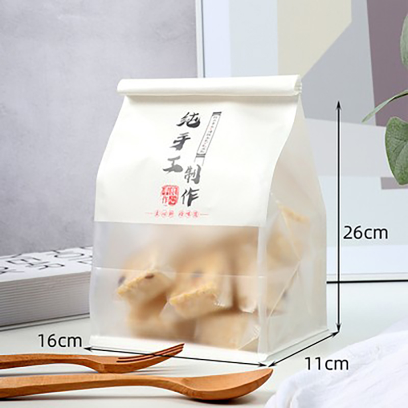 Bolsas de tostadas, bordes de alambre de hierro, sellado, pan rebanado, leche, dátiles, crispado de nieve, horneado transparente, punto oeste