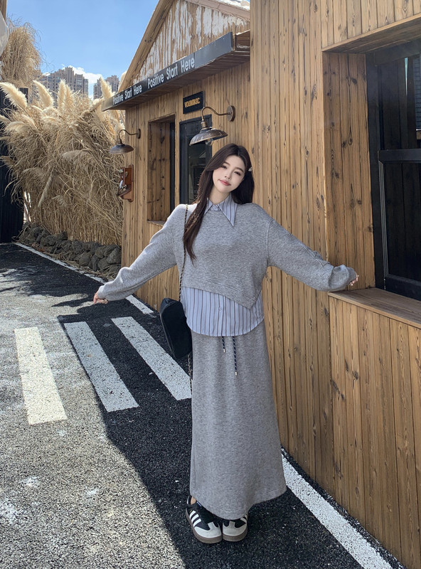 大码秋冬装灰色卫衣女2025新款穿搭一整套a字半身裙两件套装|undefined