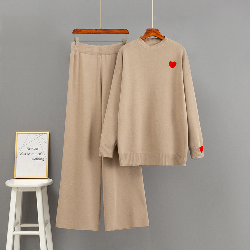 K Knit Sweater Set With Hooded Knitted Sweatshirt And Fashionable Age-reducing Wide-leg Pants, 2-piece Outfit For Women_voghion.com