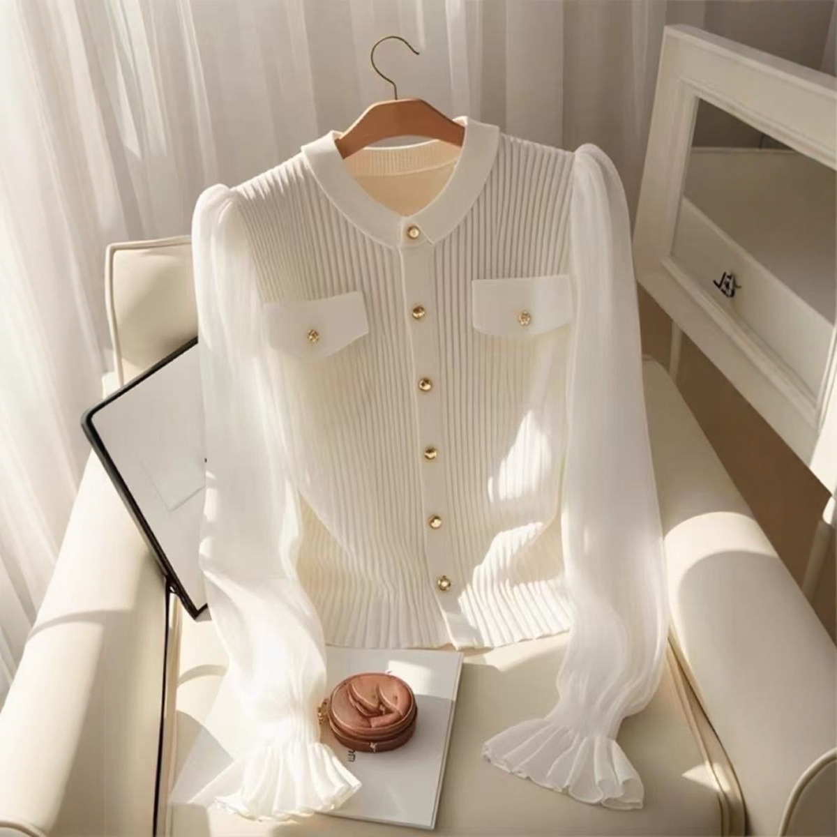 Áo len cardigan nữ dáng dài tay dài, kiểu Hàn Quốc, thiết kế đơn giản, màu trắng — trắng chi tiết 4