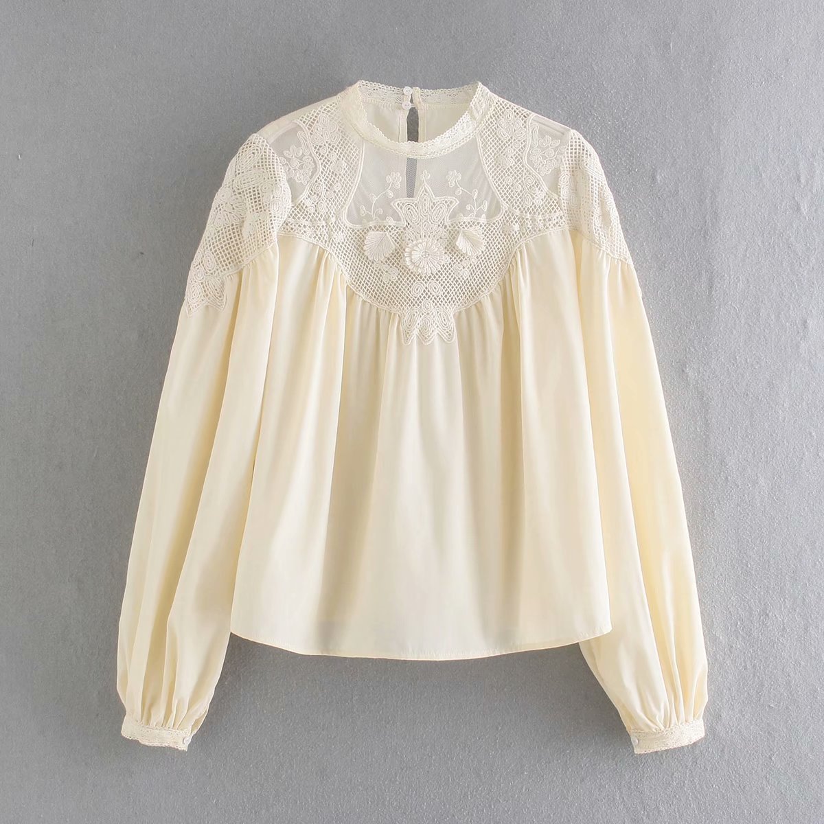 mesh embroidery stitching long sleeve blouse NSAM33961