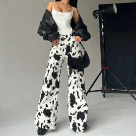 FD1935现货跨境专供春装直筒女裤显瘦百搭牛奶纹休闲裤厂家批发