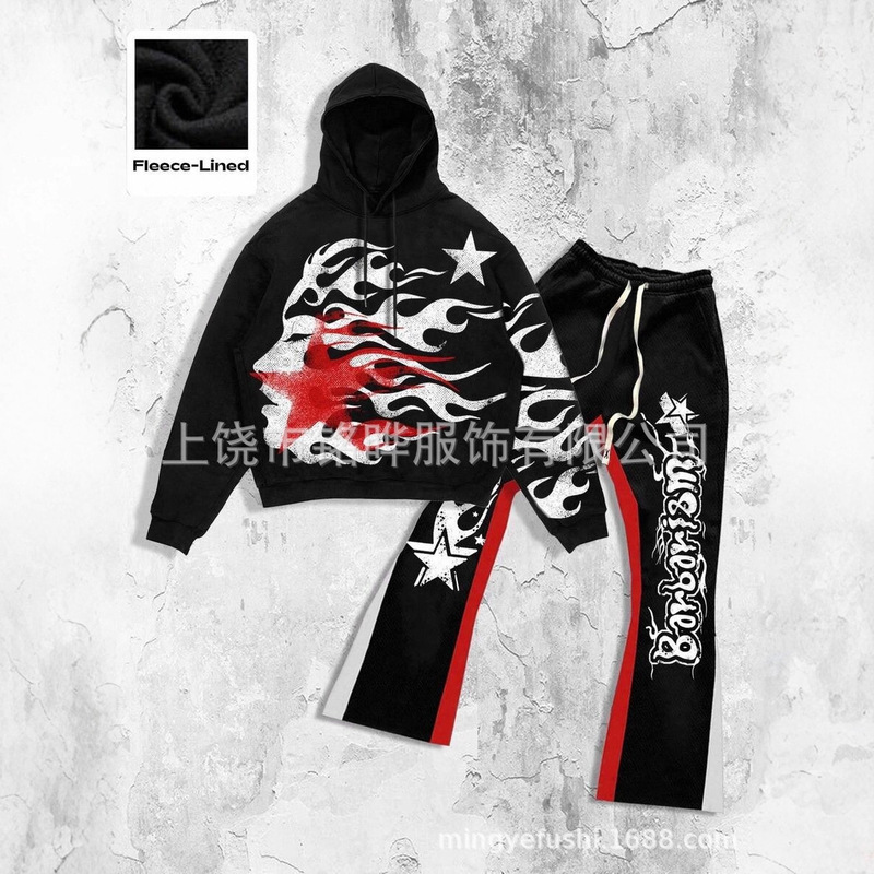 Cross-Border Wholesale Hip-Hop Retro Distressed Star Print Flame Unicorn Arm Hoodie Sweatshirt Set with Fleece Lining Cross-Border Wholesale Hip-Hop Retro Distressed Star Print Flame Unicorn Arm Hoodie Sweatshirt Set with Fleece Lining