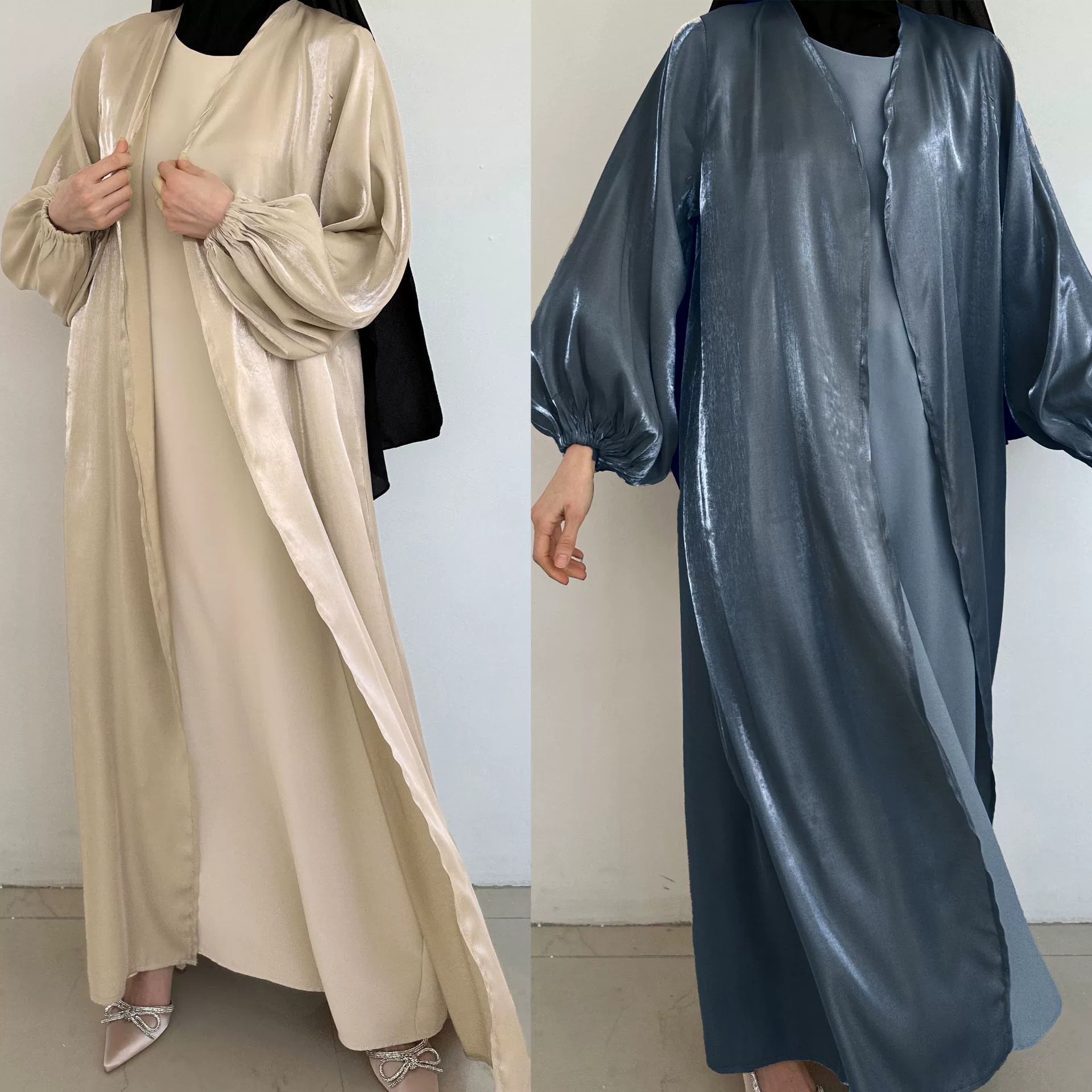Middle East modest Мусульманская мода блестящий шелк атласный сплошной пояс с рукавами летучей мыши длинные платья европейские и американские большие размеры женщины