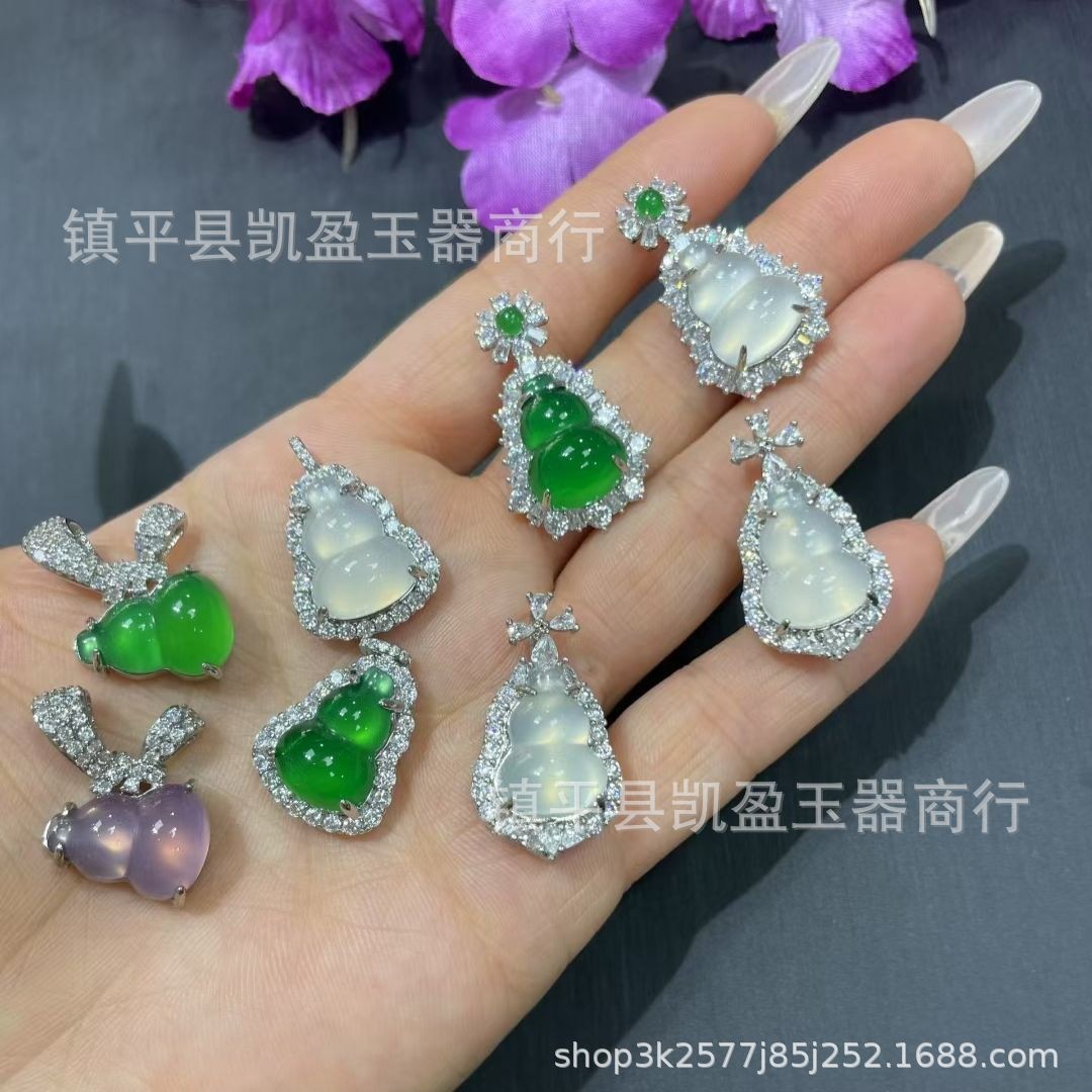 批发高冰绿玉髓小葫芦玉石项链镀银镶嵌白玛瑙吊坠女轻奢百搭饰品