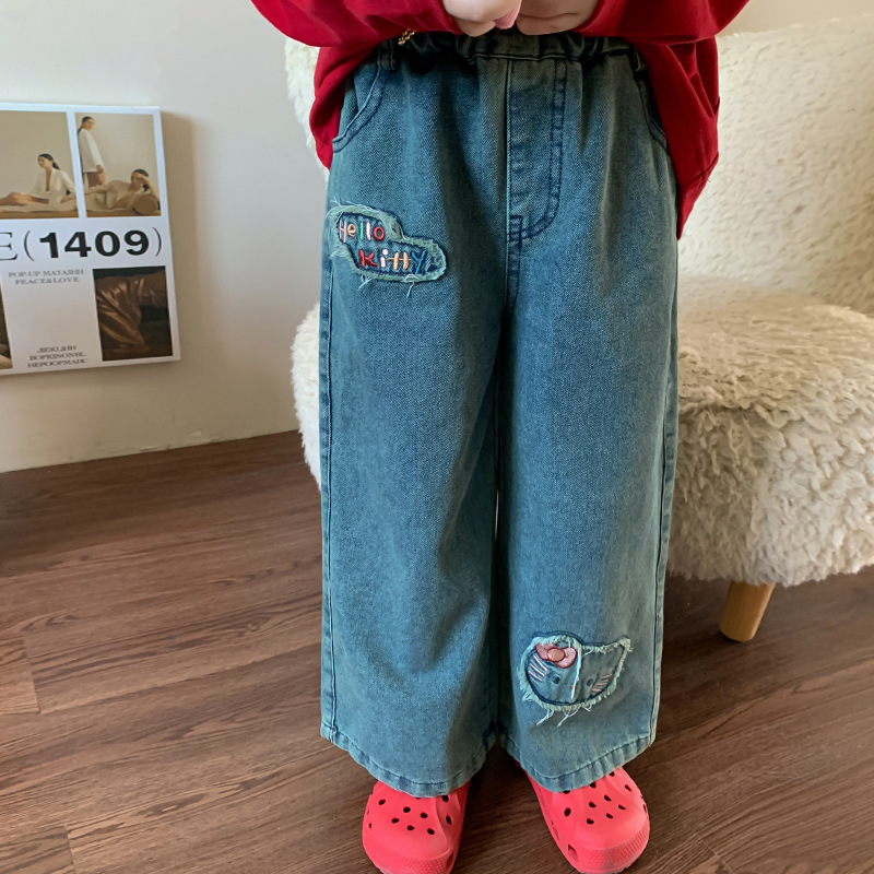 특별 통관 여자 바지 2024 가을 새 어린이 한국 캐주얼 스트레이트 청바지 여자 바지