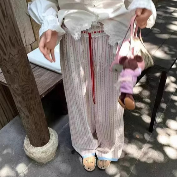 Seoul, South Korea Conch Bead Jacquard Striped Lace Drawstring Casual Pants