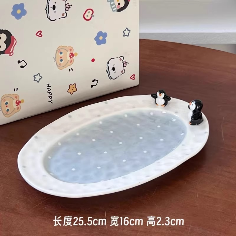 卡通风釉下彩可爱企鹅陶瓷餐具不规则家用餐盘米饭碗咖啡杯马克杯|undefined