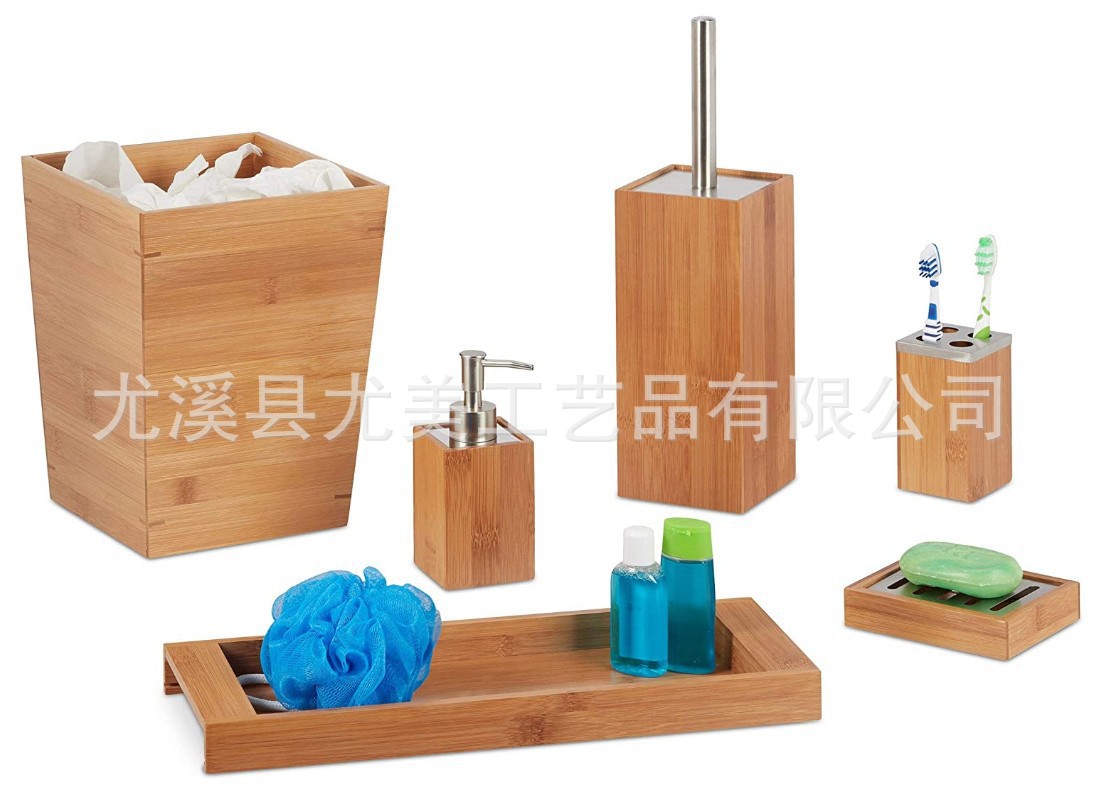 Accesorios de baño de bambú transfronterizos 5 piezas bandeja de madera dispensador de loción caja de jabón de bambú cepillo de dientes titular