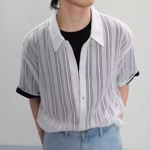 Men's Summer Ice Silk Material Casual Breathable Flared Collar Loose Lace Sun Protection Shirt with Hongfeng Retro Openwork Knit Short Sleeve