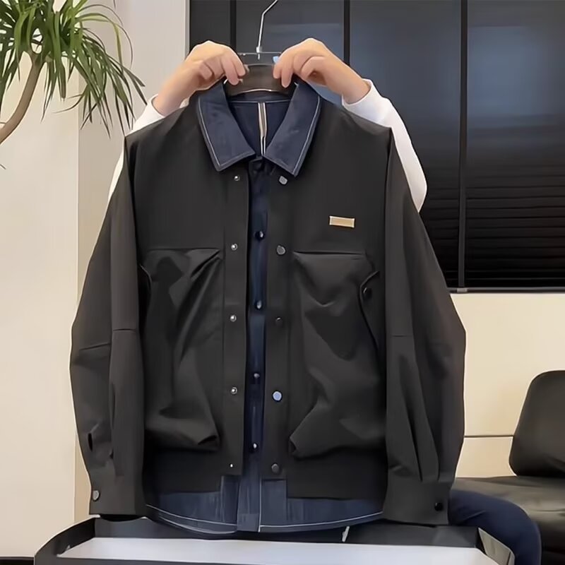 1 2024 Herbst/Winter Neue Weite Version Zweiteilige Trendige Lässige Vielseitige Herren-Jeansjacke mit Patchwork-Design_voghion.com