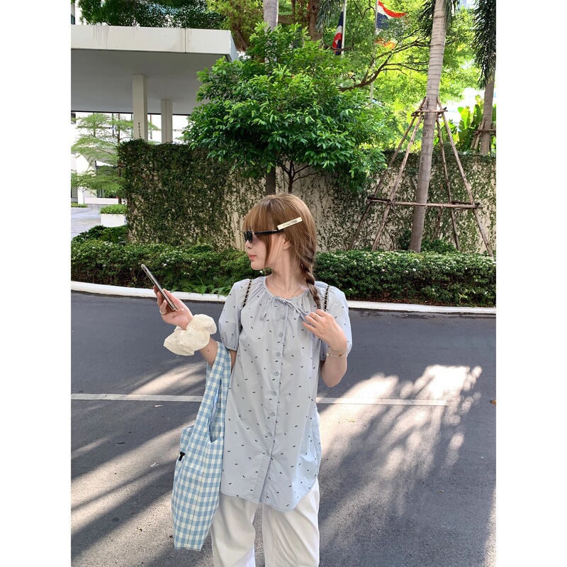 Summer Fresh Polka Dot Puff Sleeve Shirt Dress Women's New Loose Casual Mid-Length Lace-Up Babydoll Shirt