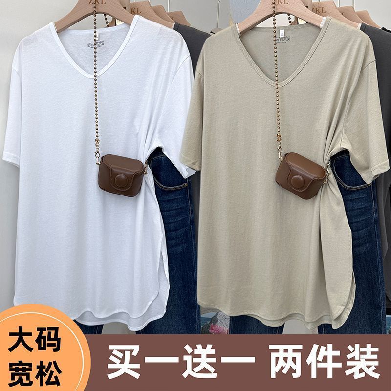 シングル/ツーピース大きいサイズルーズミドル丈Vネック半袖Tシャツ女性用2025夏新作ファットMMカバートップ|undefined