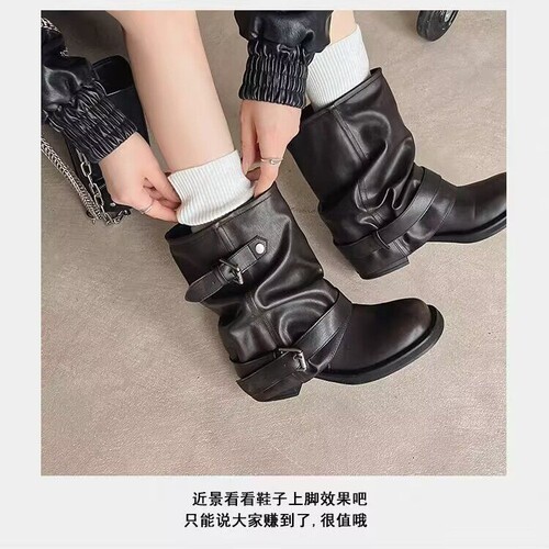 Stock 2025 retro height-increasing pants boots, pleated western cowboy boots, round head thick heel, short knight boots, women