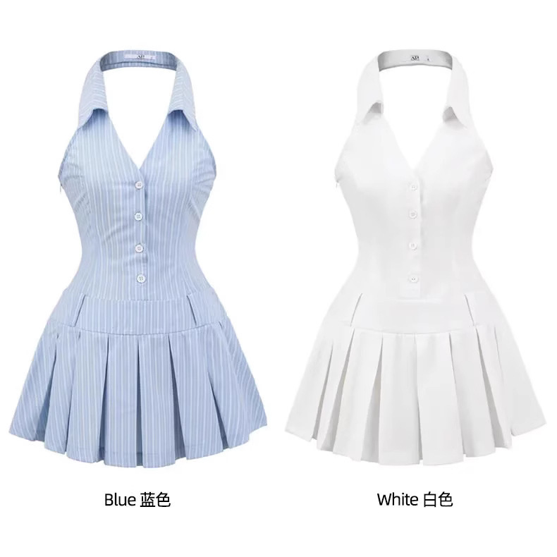 American Hot Girl V Neck Backless Halterneck Vest Dress Women's Summer New Waist Slimming Look Elegant Pleated Skirt American Hot Girl V Neck Backless Halterneck Vest Dress Women's Summer New Waist Slimming Look Elegant Pleated Skirt