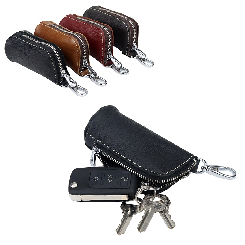 Large Capacity Genuine Leather Key Bag Men's Zipper Men's Car Key Bag Cowhide Multifunctional Waist Hanging Key Bag Fashion