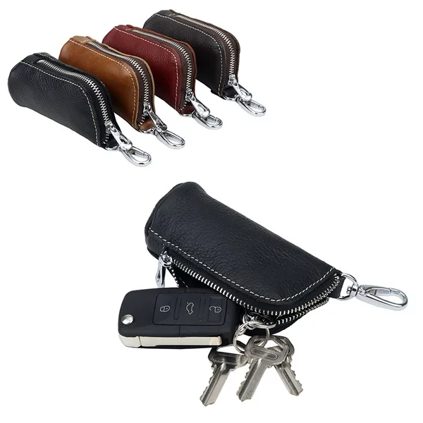 Large Capacity Genuine Leather Key Bag Men's Zipper Men's Car Key Bag Cowhide Multifunctional Waist Hanging Key Bag Fashion