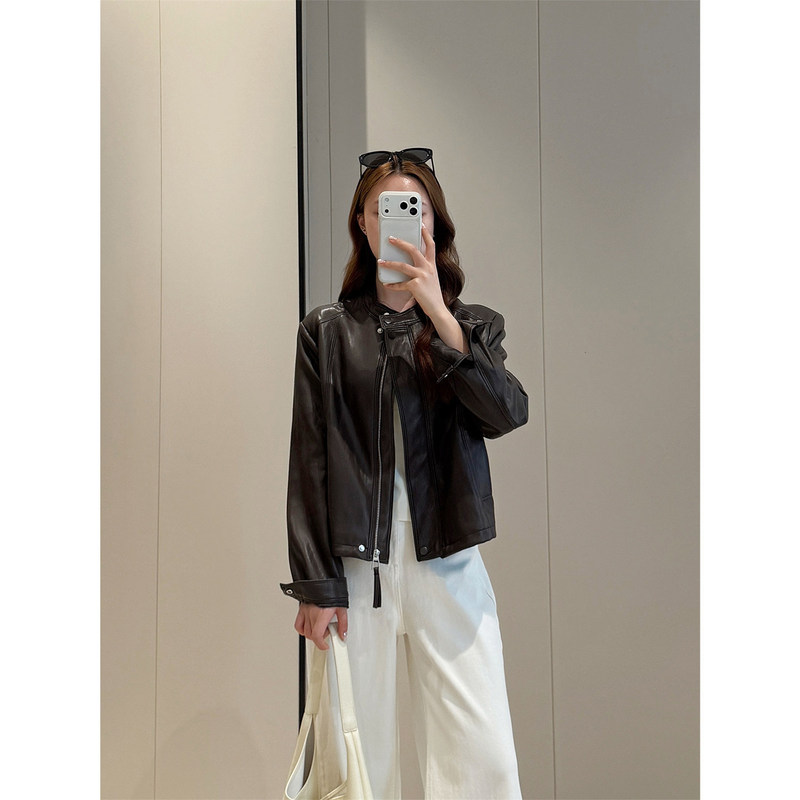 Zedaijiai Autumn American Retro Small Stand Collar Cool and Stylish Slim-Fit Short Jacket Motorcycle Leather Coat