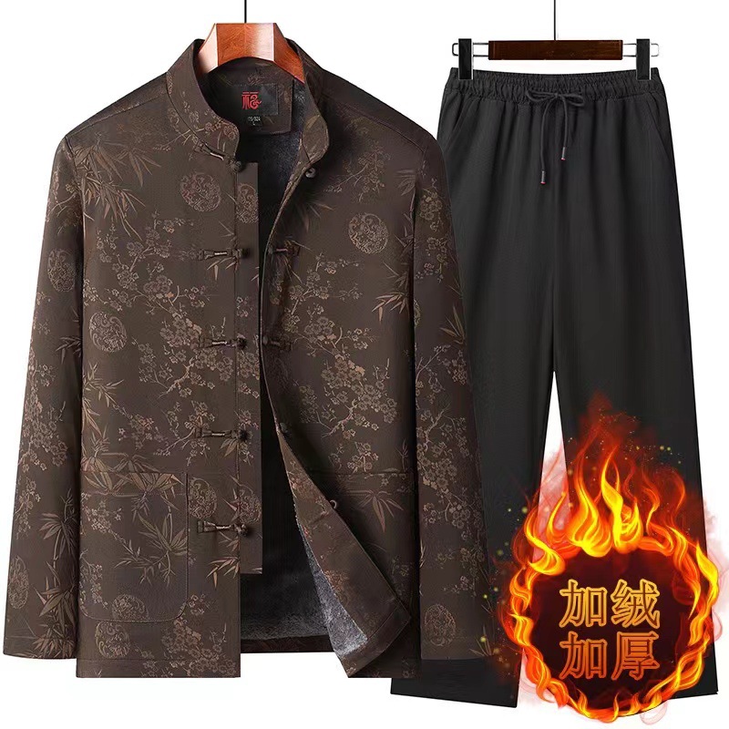 冬季新款唐装男中老年套装外套中国风爸爸男装汉服老年人爷爷衣服