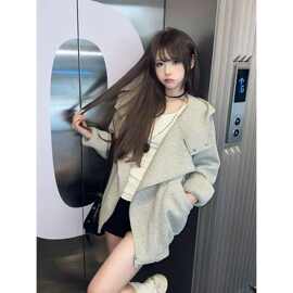 美式复古休闲风开衫拉链外套女秋冬新款慵懒风宽松设计感连帽卫衣