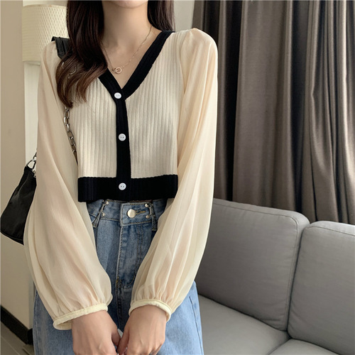 Spring and summer new Korean style loose V-neck mesh splicing long-sleeved sweater women's thin cardigan top outer