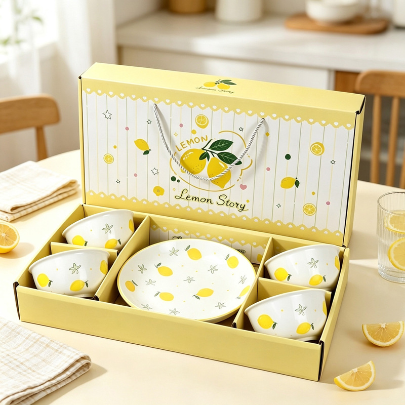 Ceramic bowl and plate set in a lemon-themed gift box, practical everyday small gift for housewarming, business gift with custom logo Ceramic bowl and plate set in a lemon-themed gift box, practical everyday small gift for housewarming, business gift with custom logo