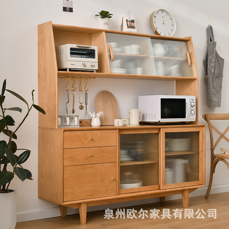 Nordic Solid Wood Sideboard Household Restaurant Integrated Wall Storage High Cabinet Kitchen Simple Glass Cabinet Storage Cabinet