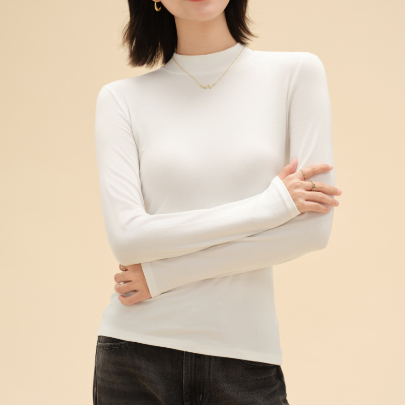 莫代尔棉长袖百搭修身显瘦圆领磨毛打底上衣女外穿小立领打底衫|undefined