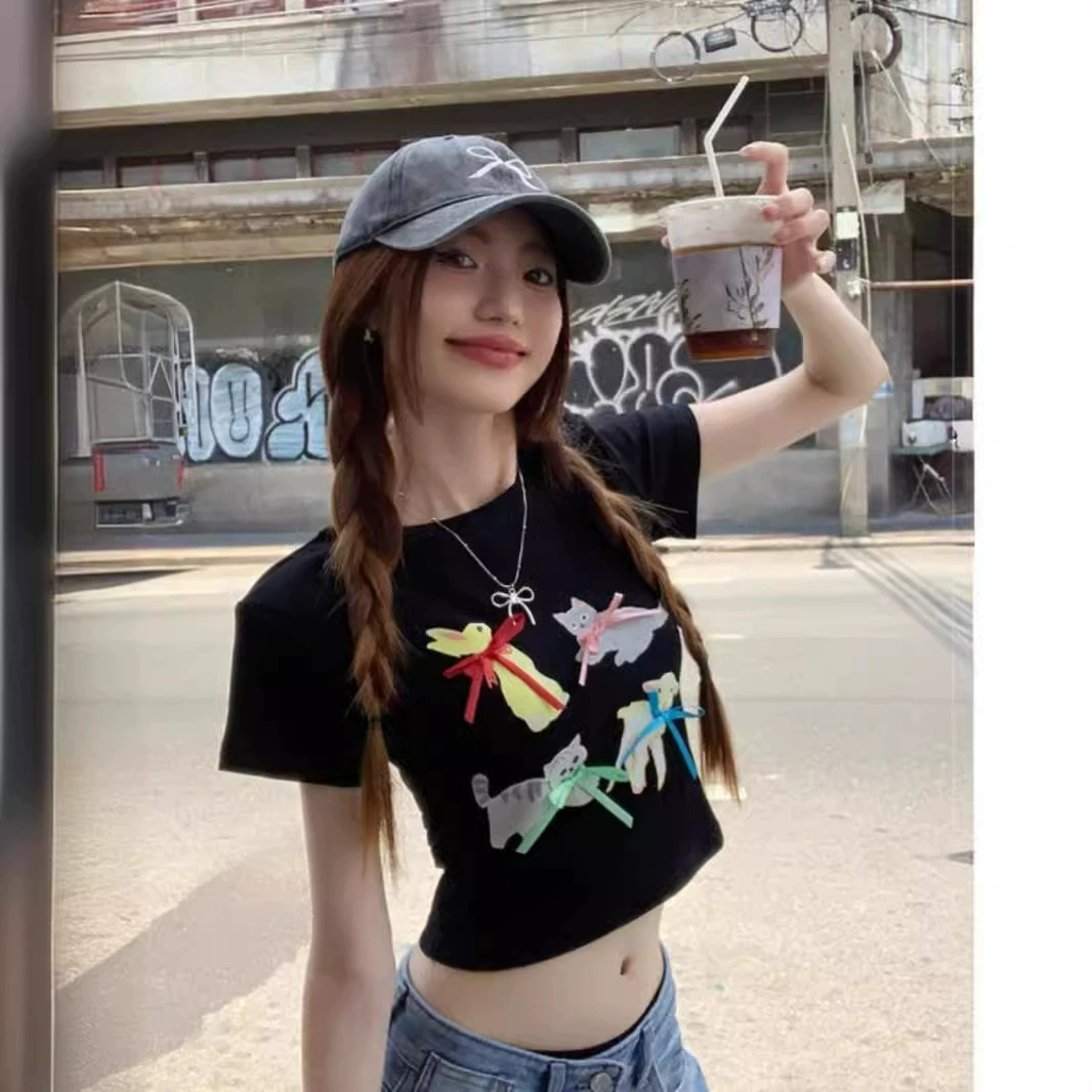 Сладкий крутой трехмерный бант кошачий принт футболка с короткими рукавами женская летняя 2024 новый милый короткий топ