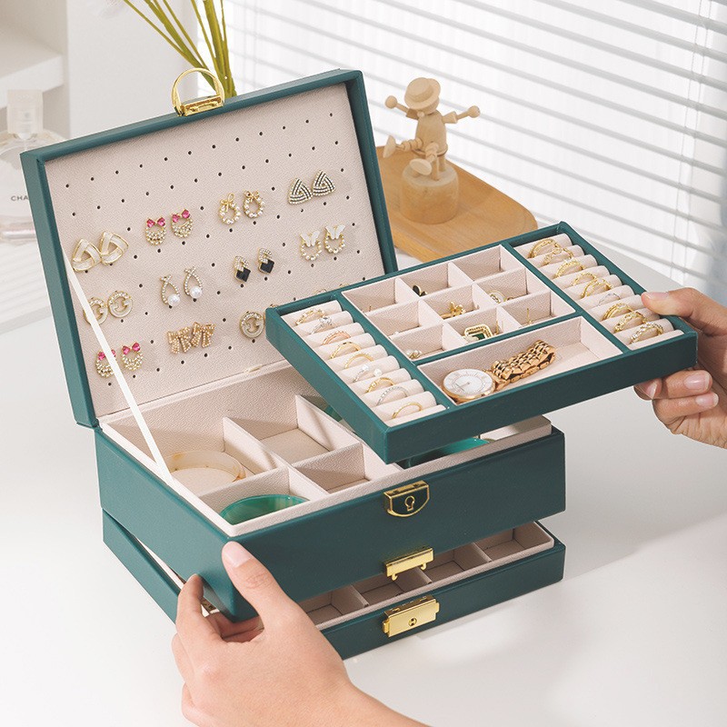 Nueva gran capacidad de cuatro capas caja de joyería caja de almacenamiento de joyería de cuero hogar pendientes anillo caja de almacenamiento de joyería