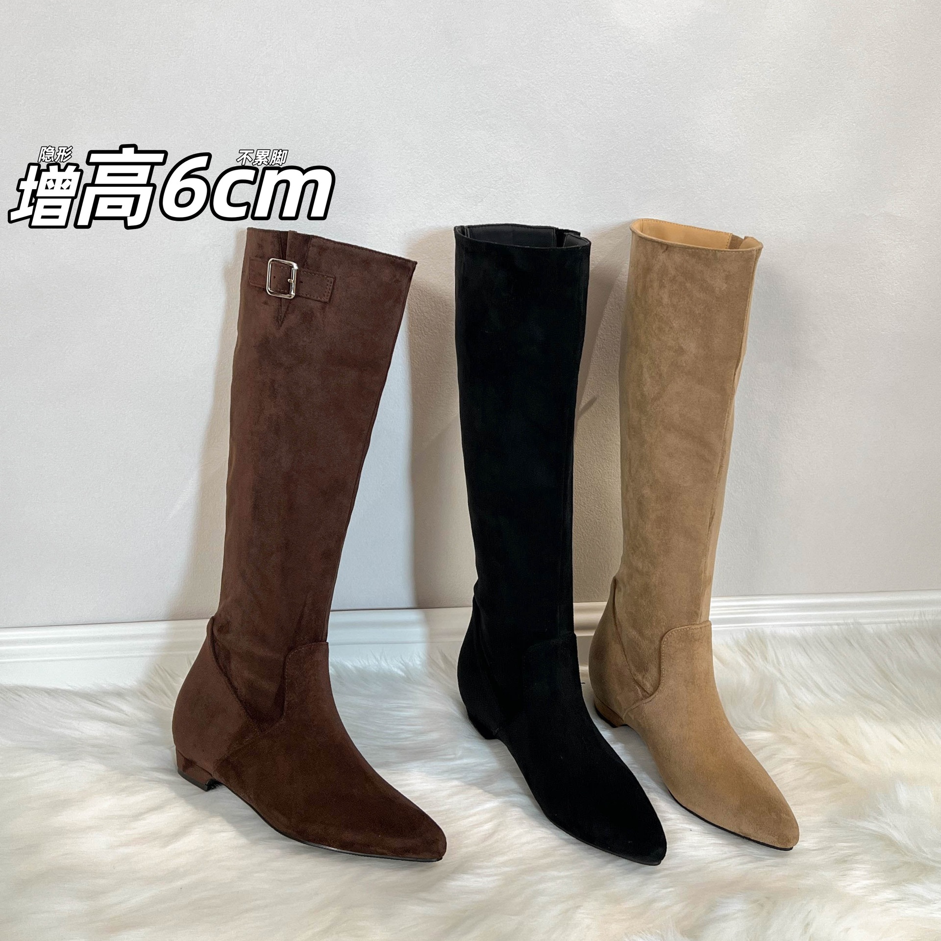 Botas Altas de Montar para Mujer de 6 cm, Microfibra y Terciopelo, Tacón Ancho, Hebilla Decorativa, para Invierno y Uso Diario