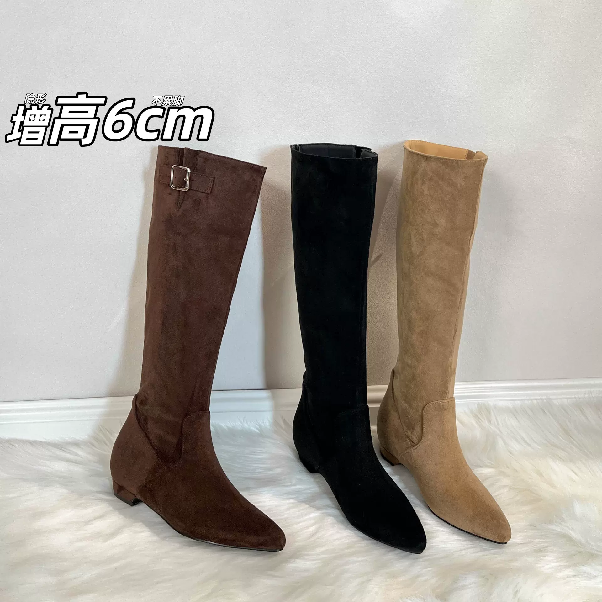 增高6公分美拉德绒面粗跟骑士靴女2025新款法式皮带扣尖头长筒靴