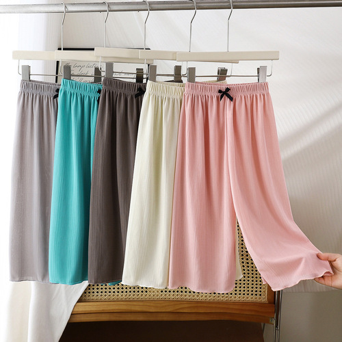 Summer lightweight girls' wide-leg pants, ice-silk flowing trousers—perfect for toddlers and kids! These straight-cut, figure-flattering, and super-comfy long pants come with a chic bow design, offering a relaxed yet stylish look for little ones.