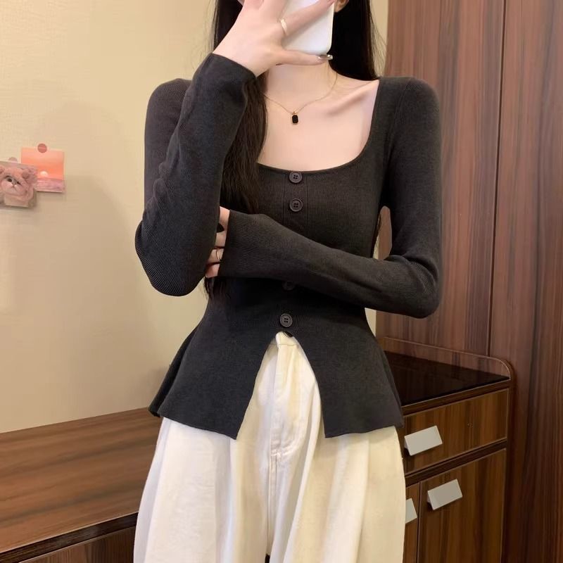チェリーレッドスクエアネック長袖セーターレディース秋冬インナーデザインスリットスリムセーターボトムストップ|undefined