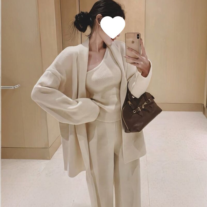 法式简约高级感针织套装女秋冬新款毛衣开衫斜肩背心阔腿裤三件套|undefined
