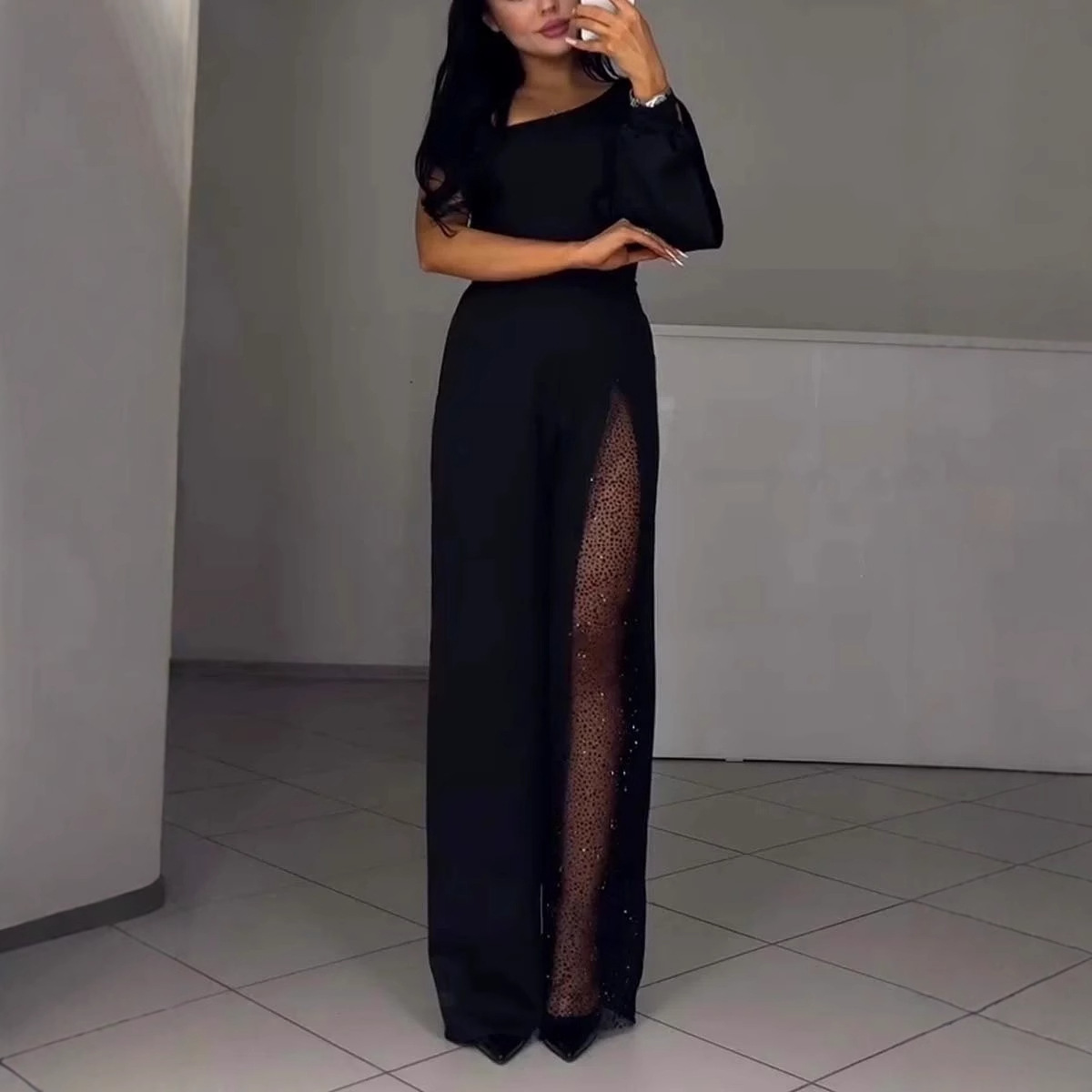 2024 cross-border independent station Europe and the United States foreign trade new_autumn and winter fashion sexy oblique shoulder high slit women's jumpsuit