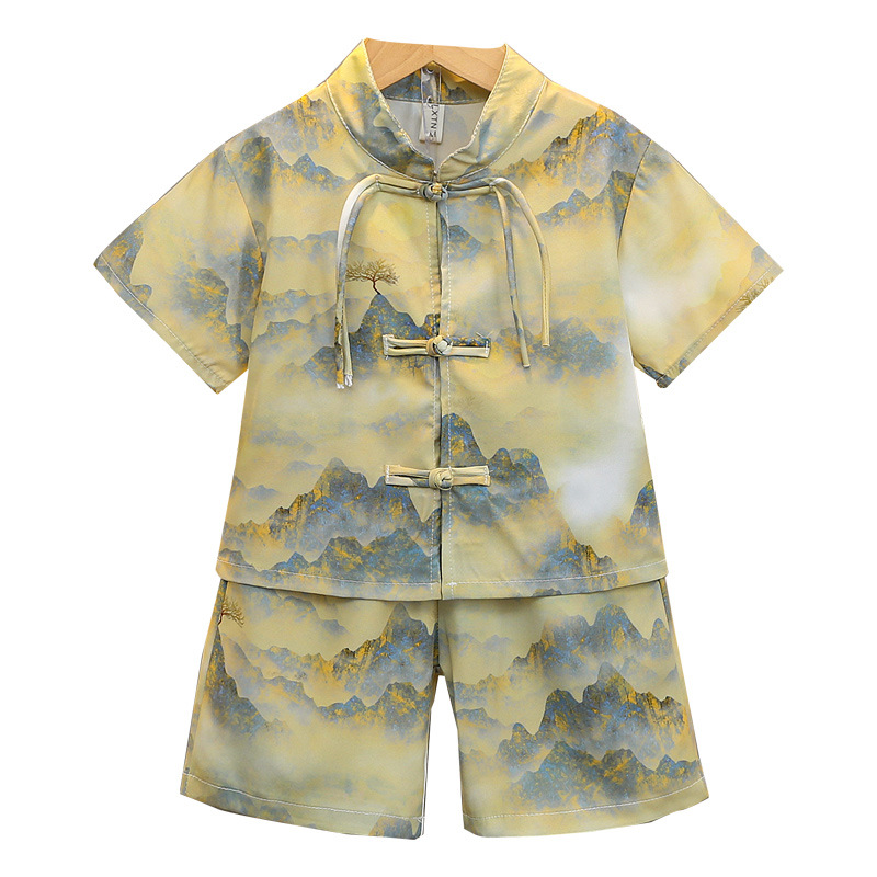 5005 nuevo traje de manga corta de verano para niños de estilo chino delgado 2025 nueva ropa para niños estilo de verano para bebés ropa de estilo nacional