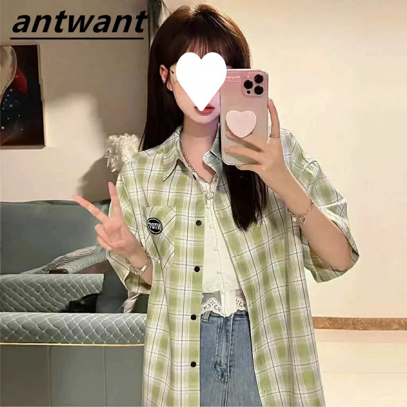 Рубашка с короткими рукавами нежное художественное чувство нишевые дизайн polo воротник клетчатая рубашка