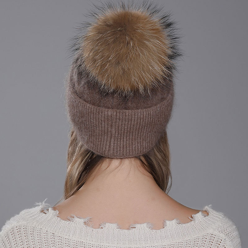 Nuevo Gorro de lana con pelo de conejo Angora tejido para mujer, giros de masa frita para invierno, gorro de lana con brida de doble capa, Bola de pelo de perro mapache,_voghion.com