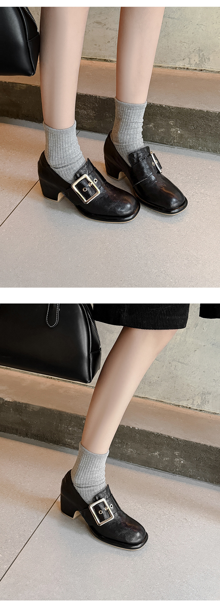 Giày cao gót nữ loafer da cừu gót vuông 7 cm — màu nâu chi tiết 13