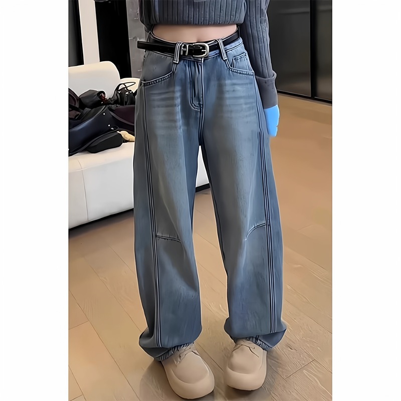 早秋2025新款弯刀牛仔裤女大码梨形身材高腰宽松显瘦香蕉阔腿裤子|undefined