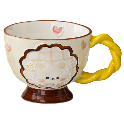 Hand-painted relief ceramic large capacity breakfast cup oatmeal cup cute girl water cup high-quality coffee cup milk cup