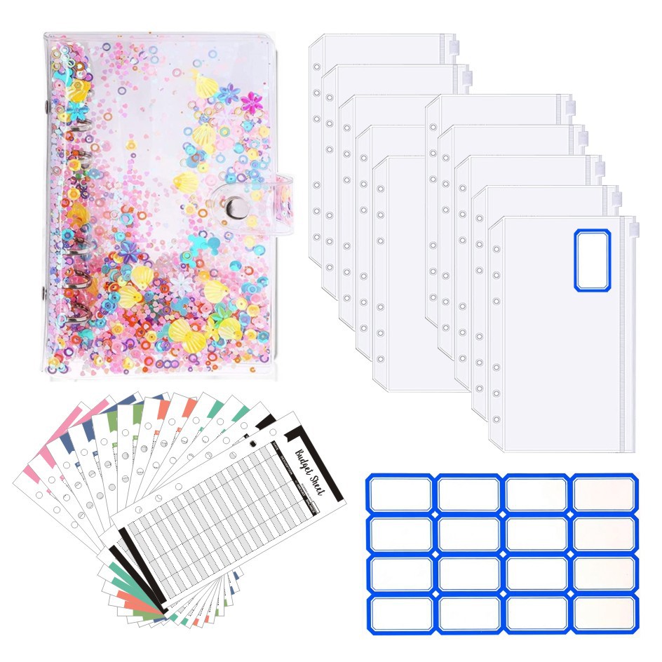 PVC 핑크 쉘 (12 지퍼 백 + 12 예산 카드 + 1 16 파란색 스티커)