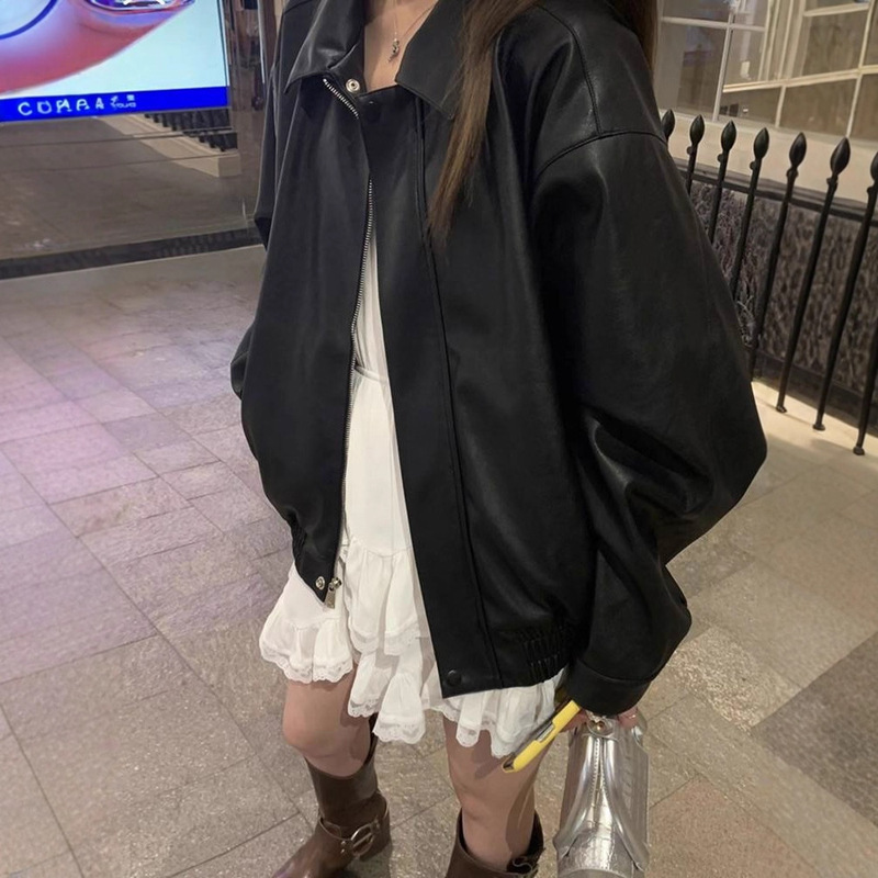 Black Retro Leather Jacket for Women 2025 Autumn and Winter New High-End Design This Year's Popular Motorcycle Jacket Top