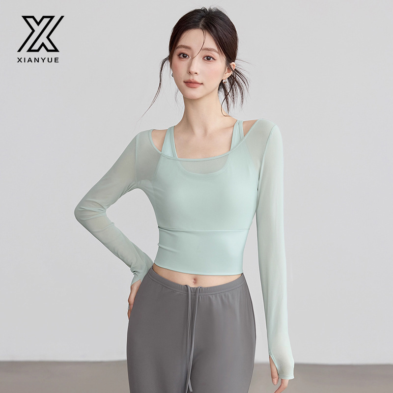 Autumn and Winter Yoga Wear Sports Tops Blouses Slimming Look Tight Long-Sleeved Running Training Fitness T-Shirts with Chest Pads Autumn and Winter Yoga Wear Sports Tops Blouses Slimming Look Tight Long-Sleeved Running Training Fitness T-Shirts with Chest Pads