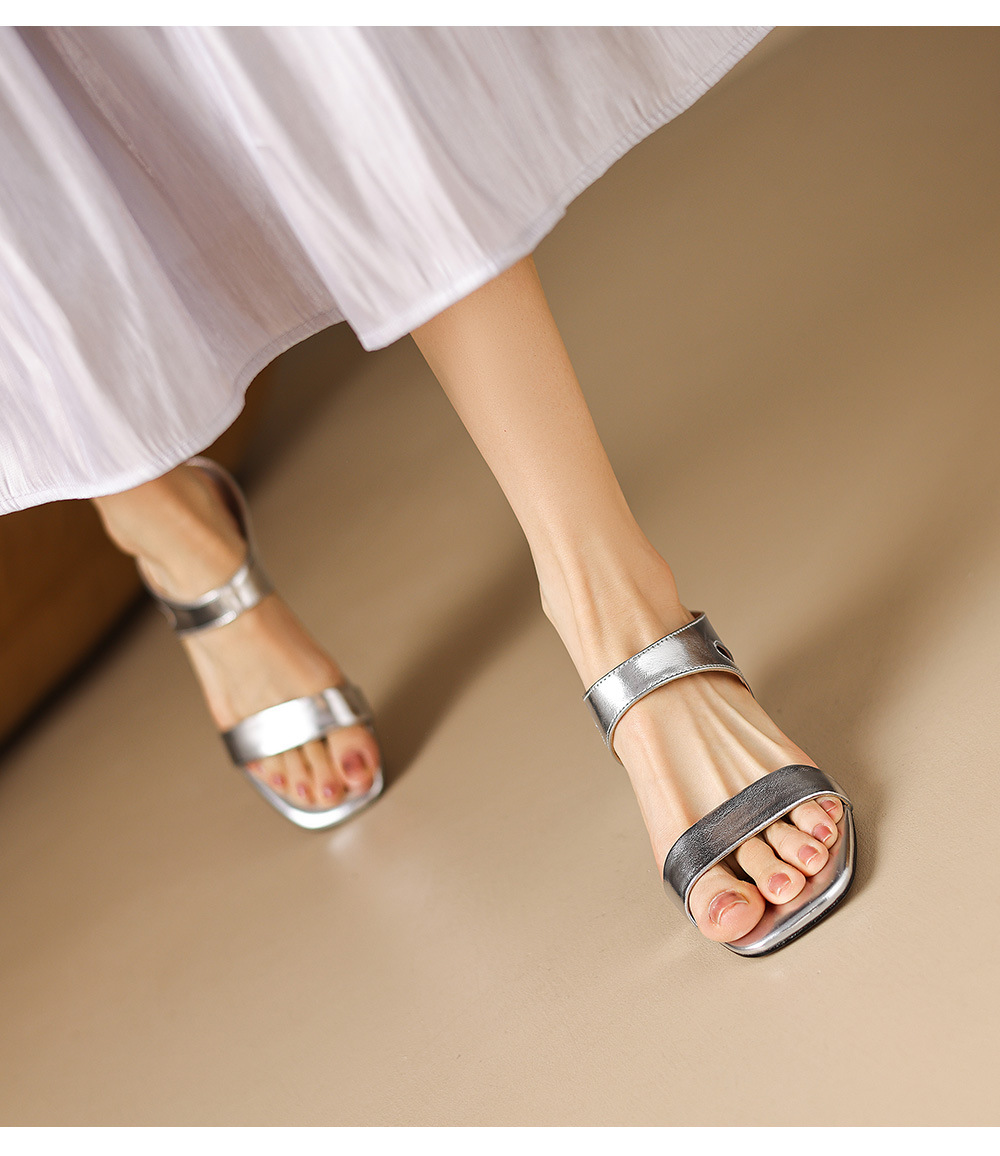 Sandal nữ hở mũi gót 5 cm da bò quai ngang đơn giản — đen chi tiết 14